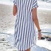 Women's Stripes Print Loose Fit Tunic Dress Button Down Casual Shirt Dress Notch Neck Short Sleeve Dress