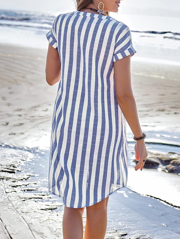 Women's Stripes Print Loose Fit Tunic Dress Button Down Casual Shirt Dress Notch Neck Short Sleeve Dress