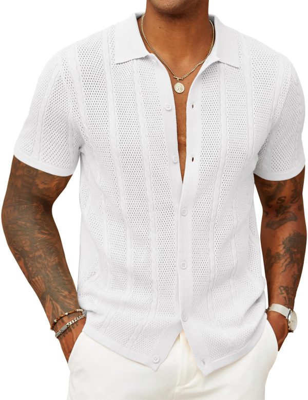 Mens Knit Button Down Shirts Casual Textured Polo Shirt Short Sleeve Vintage Summer Beach Tops