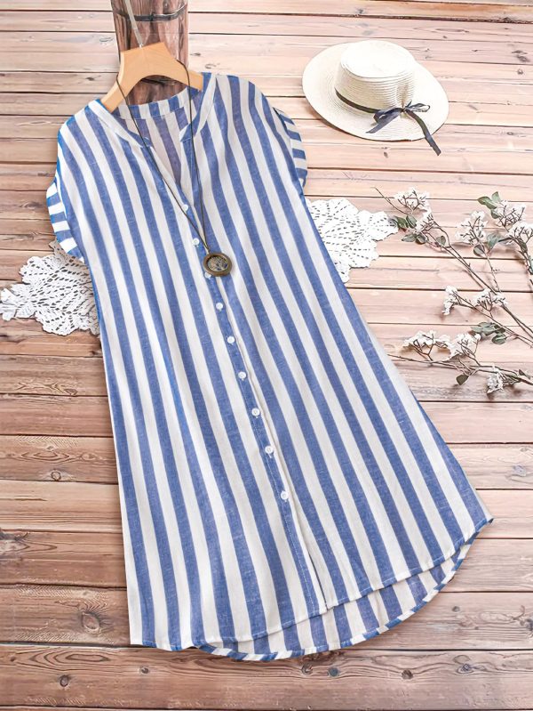Women's Stripes Print Loose Fit Tunic Dress Button Down Casual Shirt Dress Notch Neck Short Sleeve Dress