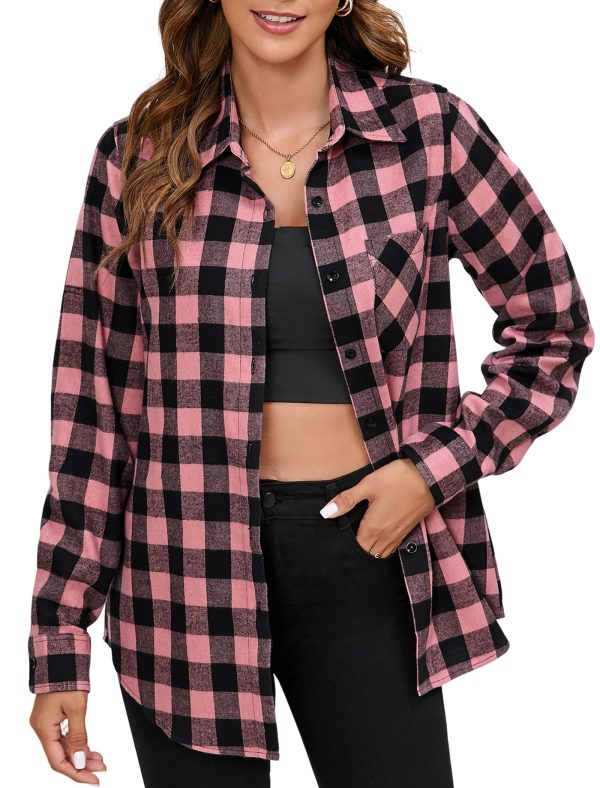 Plaid Shirts for Women Casual Button Down Flannel Shirt Plus Size Roll Up Long Sleeve Checkered Blouse Tops