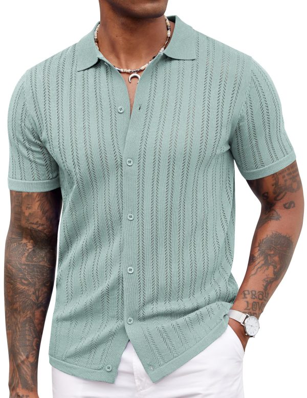 Men's Knit Shirts Short Sleeve Button Down Polo Shirt Crochet Casual Vintage Summer Beach Shirts