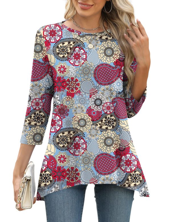 3/4 Sleeve Tunic Tops for Women Loose Fit Dressy Casual Blouse Flowy Shirts to Wear with Leggings S-3XL
