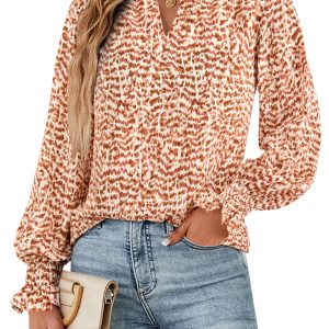 Womens V Neck Floral Long Sleeve Tops 2025 Summer Casual Loose Puff Sleeve Chiffon Boho Work Blouse Dressy T Shirts