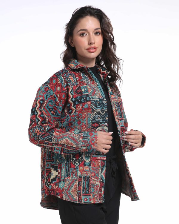Aztec Shacket Fall Jacket Brocade Jacquard Ethnic Plaid Print Button Down Shirt for Men Women Casual Spring Coat
