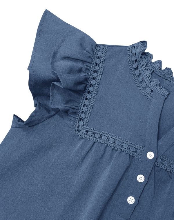 Women's V Neck Lace Crochet Shirts Button Down Short Sleeve Casual Blouse Tops