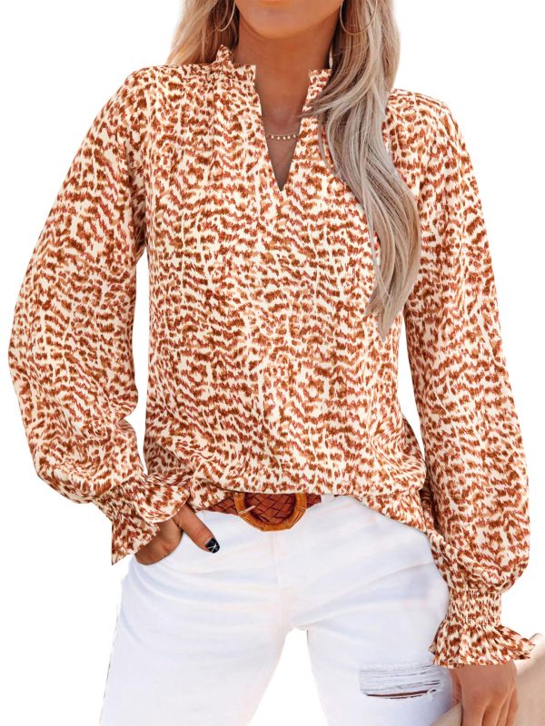Womens V Neck Floral Long Sleeve Tops 2025 Summer Casual Loose Puff Sleeve Chiffon Boho Work Blouse Dressy T Shirts