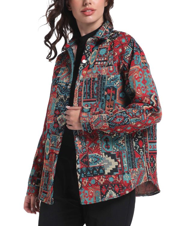 Aztec Shacket Fall Jacket Brocade Jacquard Ethnic Plaid Print Button Down Shirt for Men Women Casual Spring Coat