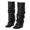 Slouched Ruched Fold Over Boots for Women Covered Wedge Heel Patent Leather Knee High Boots Wide Calf Pointed Toe Casual Boots