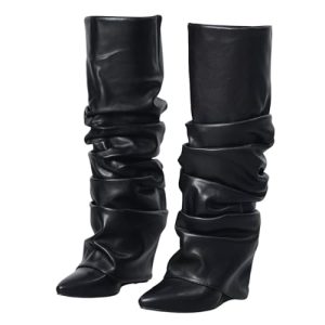 Slouched Ruched Fold Over Boots for Women Covered Wedge Heel Patent Leather Knee High Boots Wide Calf Pointed Toe Casual Boots