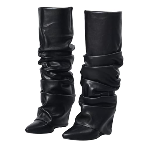 Slouched Ruched Fold Over Boots for Women Covered Wedge Heel Patent Leather Knee High Boots Wide Calf Pointed Toe Casual Boots