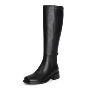 Knee High Boots Women Faux Leather Elastic Boots Low Heel Square Toe Side Zipper Fall Long Tall Boots for Women