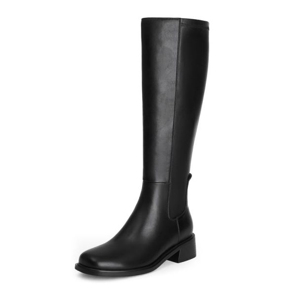 Knee High Boots Women Faux Leather Elastic Boots Low Heel Square Toe Side Zipper Fall Long Tall Boots for Women