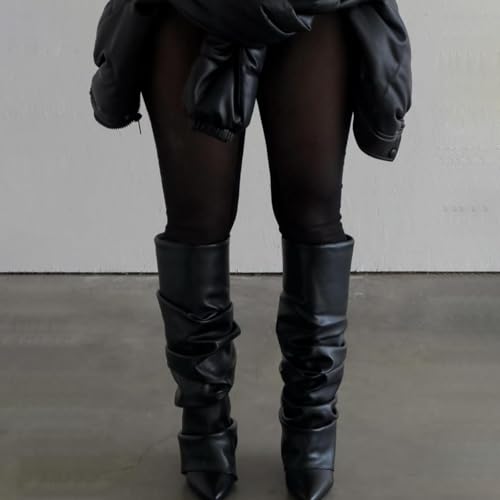 Slouched Ruched Fold Over Boots for Women Covered Wedge Heel Patent Leather Knee High Boots Wide Calf Pointed Toe Casual Boots