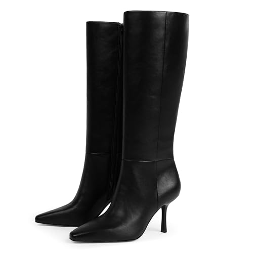 Knee High Boots Women Square Toe Stiletto Tall Boots Side Zipper Dressy Boot for Women