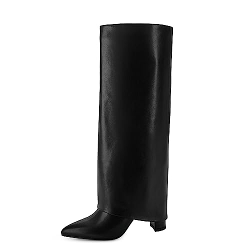 Knee High Boots Women Fold Over Knee High Boots Chunky High Heels Long Boots Zipper Pointed Toe Dress Tall Boots for Women