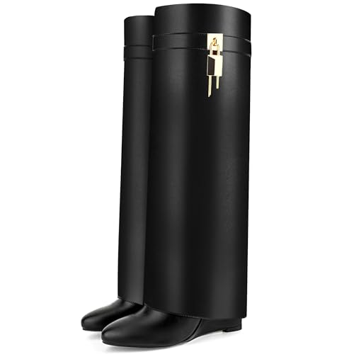 Fold Over Boots for Women Pointy Pull-on Wedge Heel Knee Shark Boot With Side Zipper Padlock Design