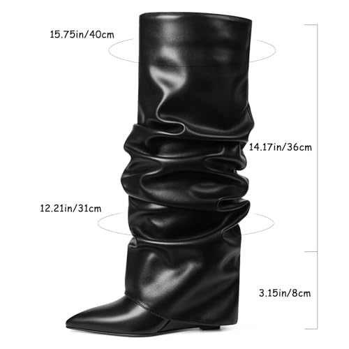 Women's Fold Over Boots Slouch Knee High Boots for Women Wedge Heel Pointed Toe Tall Boot, Wide Calf, Pull-on