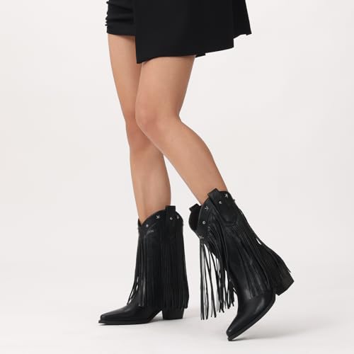 Fringe Cowboy Boots for Women – Mid Calf Cowgirl Boots with Star Studded, Pointed Toe and Chunky Heel, Perfect for Country Music