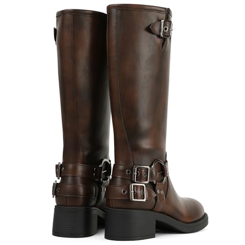 Knee High Boots Women Square Toe Pull On Wide Calf Riding Fashion Buckles Chunky Metallic Casual Vintage Buckle Rivet