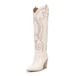 Womens Cowboy Knee High Boots Cowgirl Boots Western Boots with Embroidered Pointed Toe Chunky Heel Slip on Retro Tall Boots