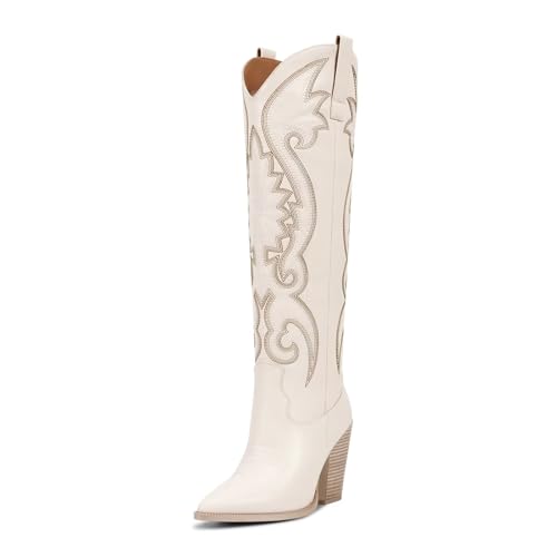 Womens Cowboy Knee High Boots Cowgirl Boots Western Boots with Embroidered Pointed Toe Chunky Heel Slip on Retro Tall Boots