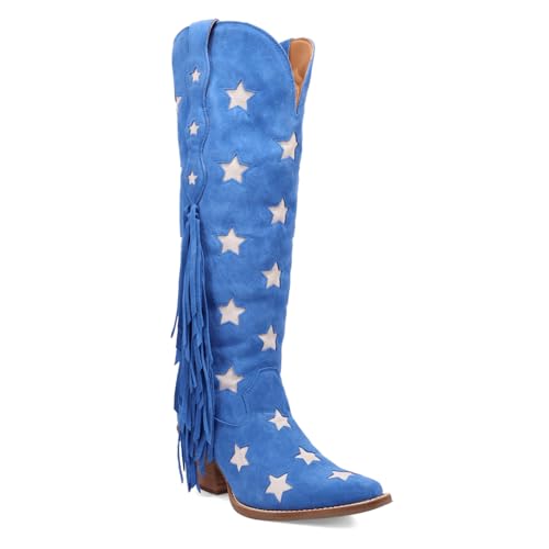 Womens Super Star Fringe Tooled Inlay Snip Toe Casual Boots Over the Knee Mid Heel 2-3" - Brown