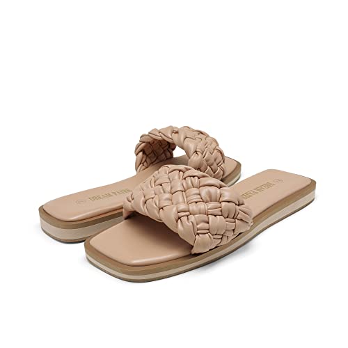 Women's Square Open Toe Slide Sandals Cute Slip on Braided Slides Flat Sandals for Summer