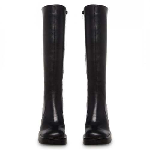 Black Leather Boots Platform Boots for Women Square Toe Chunky Block Heeled Boots