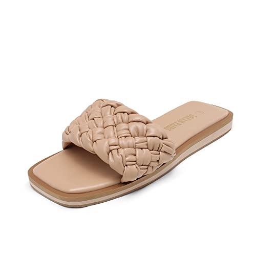 Women's Square Open Toe Slide Sandals Cute Slip on Braided Slides Flat Sandals for Summer