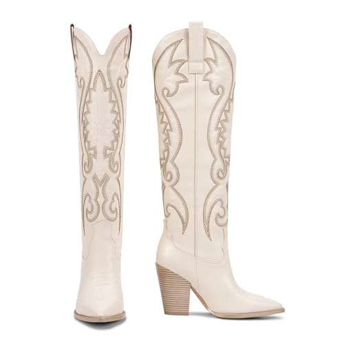Womens Cowboy Knee High Boots Cowgirl Boots Western Boots with Embroidered Pointed Toe Chunky Heel Slip on Retro Tall Boots
