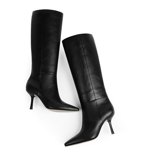 Knee High Boots Women Square Toe Stiletto Tall Boots Side Zipper Dressy Boot for Women