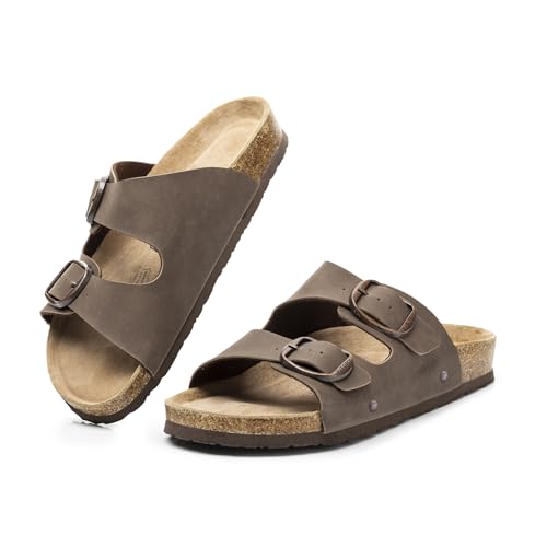 Womens Flat Sandals with Cork Footbed, Open Toe Slides Adjustable Slip On Slippers for Summer Size 6-11