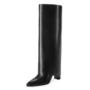 Knee High Boots Women Fold Over Knee High Boots Chunky High Heels Long Boots Zipper Pointed Toe Dress Tall Boots for Women