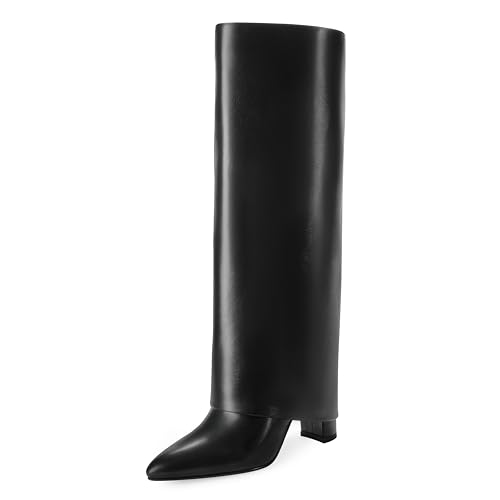 Knee High Boots Women Fold Over Knee High Boots Chunky High Heels Long Boots Zipper Pointed Toe Dress Tall Boots for Women