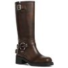 Knee High Boots Women Square Toe Pull On Wide Calf Riding Fashion Buckles Chunky Metallic Casual Vintage Buckle Rivet