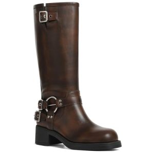 Knee High Boots Women Square Toe Pull On Wide Calf Riding Fashion Buckles Chunky Metallic Casual Vintage Buckle Rivet