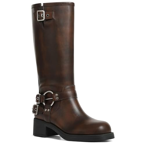 Knee High Boots Women Square Toe Pull On Wide Calf Riding Fashion Buckles Chunky Metallic Casual Vintage Buckle Rivet