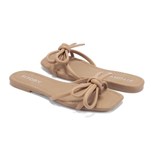 Women's Flat Sandals Square Open Toe Thong with Cute Knot for Summer Size 6-11