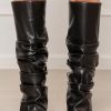 Slouched Ruched Fold Over Boots for Women Covered Wedge Heel Patent Leather Knee High Boots Wide Calf Pointed Toe Casual Boots