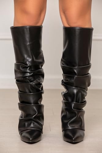 Slouched Ruched Fold Over Boots for Women Covered Wedge Heel Patent Leather Knee High Boots Wide Calf Pointed Toe Casual Boots