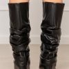Slouched Ruched Fold Over Boots for Women Covered Wedge Heel Patent Leather Knee High Boots Wide Calf Pointed Toe Casual Boots