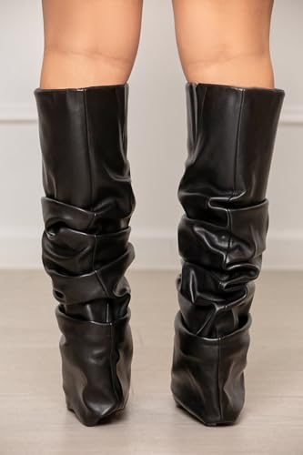 Slouched Ruched Fold Over Boots for Women Covered Wedge Heel Patent Leather Knee High Boots Wide Calf Pointed Toe Casual Boots