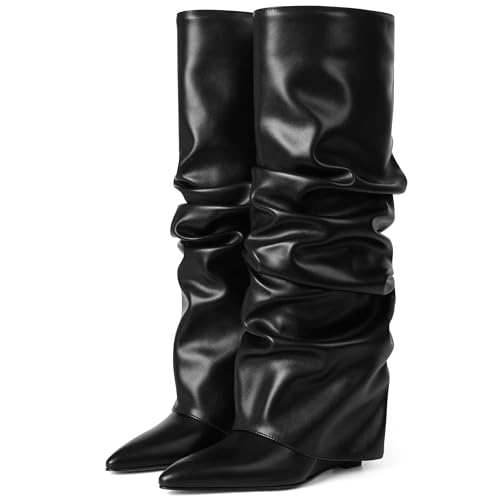 Women's Fold Over Boots Slouch Knee High Boots for Women Wedge Heel Pointed Toe Tall Boot, Wide Calf, Pull-on