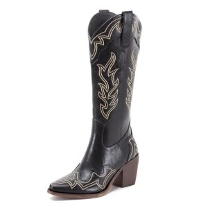Womens Wide Calf Cowboy Boots Classic Western-Style Cowboys Boots for Women Pointed Toe Womens Cowgirl Boots with Chunky Heel