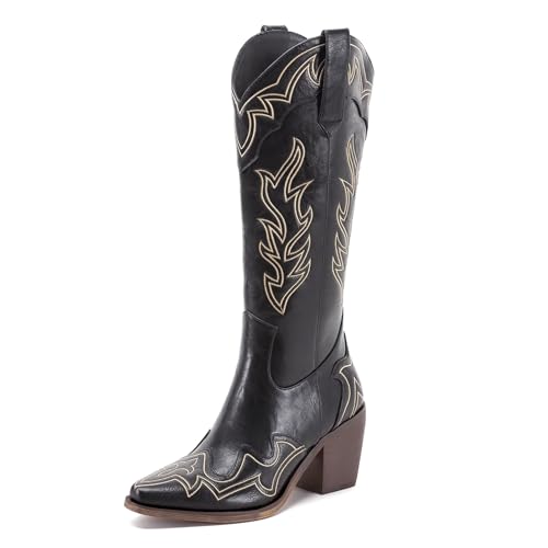 Womens Wide Calf Cowboy Boots Classic Western-Style Cowboys Boots for Women Pointed Toe Womens Cowgirl Boots with Chunky Heel