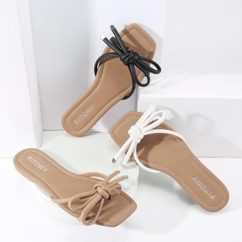 Women's Flat Sandals Square Open Toe Thong with Cute Knot for Summer Size 6-11