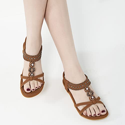 Womens Sandals Shoes Comfort Walking with Non Slip on Casual Summer Beach Shoes Dress Ankle Elastic Jeweled Bohemian Flats