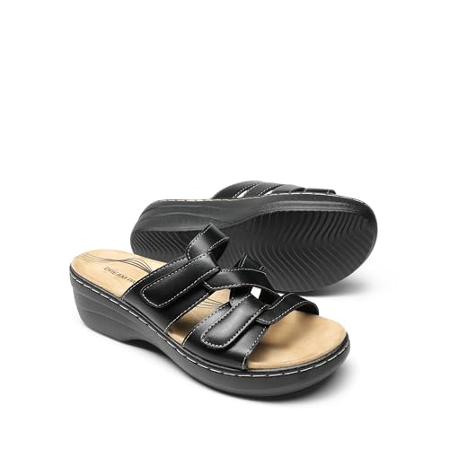 Women's Arch Support Slide Sandals Adjustable Straps Slip On Wedge Sandals Casual Comfort Lightweight Flat Slides