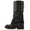 Fold Over Knee High Boots Slouch Boots for Women Chunky Goth Platform Boots,2 inch Heel Wide Calf Long Boots Square Toe Riding